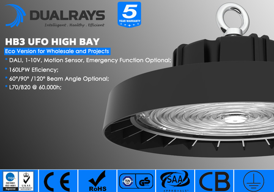 Sensor Gerak Dan Siang Hari Dimmable 100W 150W 200W IP65 UFO High Bay Light Untuk Pabrik Makanan