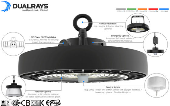 Lampu High Bay LED UFO HB4H Sakelar Daya DIP dan 3CCT 100W 150LPW dengan fungsi Darurat opsional