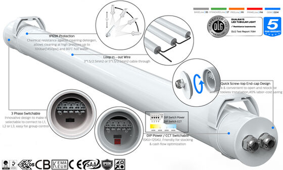 Lampu Tubular LED Super IP69K IP66 TB7 dengan Daya yang Dapat Dipilih dengan Sakelar DIP/3CCT/3-fase dan tembus-kabel 3/5