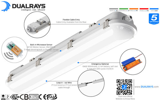 1200mm LED Tri Proof Lamp 30W Air Debu Uap Bukti 1-10V Peredupan DALI Controller