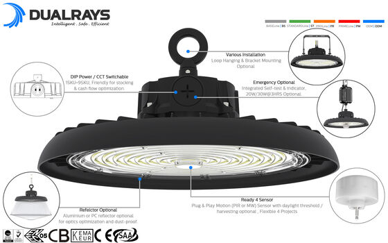 Stok Gudang Eropa Lampu UFO HB3H Pengiriman Cepat 150lm/w 240W 150W 100W Dapat Dipilih 4000K 5000K 5700K CCT Lampu Highbay LED Dapat Dipilih