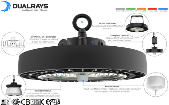190lm/W ENEC HB4H UFO LED High Bay Light 100W 150W 200W IP65 IK08 5 Tahun Gudang Penerangan Industri