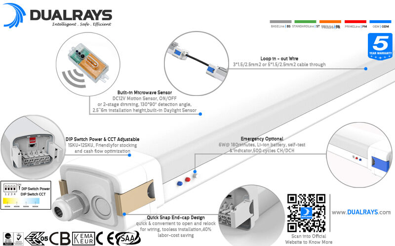 Lampu Tahan Lembap LED D5 5 kaki/60W dengan Daya yang Dapat Dialihkan DIP/3CCT dan 1-10V, DALI, Sensor Gerak, Sensor Cahaya Siang, Zigbee, dan Fungsi Darurat